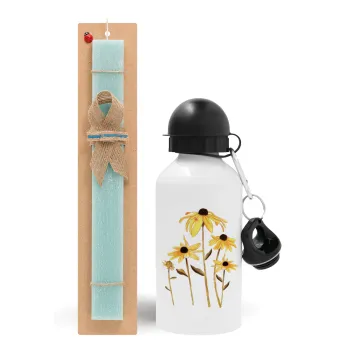Daisies flower, Easter Set, metallic aluminum water bottle (500ml) & scented flat candle (30cm) (TURQUOISE)