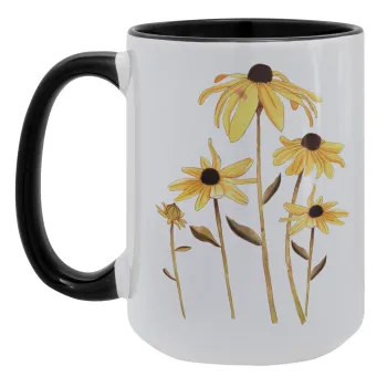 Daisies flower, Κούπα Mega 15oz, κεραμική Μαύρη, 450ml