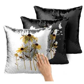 Daisies flower, Μαξιλάρι καναπέ Μαγικό Μαύρο με πούλιες 40x40cm περιέχεται το γέμισμα