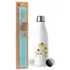 Easter Set, metallic stainless steel water bottle (750ml) & aromatic flat Easter candle (30cm) (TURQUOISE)