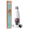 Easter Set, metallic stainless steel water bottle (750ml) & aromatic flat Easter candle (30cm) (TURQUOISE)