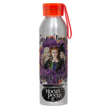 Hocus Pocus, Αλουμινένιο Αθλητικό Μπουκάλι 650ml – Ασημί με Κόκκινο Καπάκι και Λουράκι Σιλικόνης