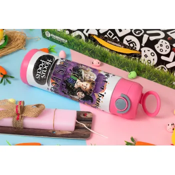 Hocus Pocus, Πασχαλινή Λαμπάδα με Παιδικό παγούρι θερμό, ανοξείδωτο, με καλαμάκι ασφαλείας, ΡΟΖ (500ml)