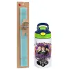Easter Set, Children's thermal stainless steel bottle with safety straw, green/blue (350ml) & aromatic flat Easter candle (30cm) (TURQUOISE)