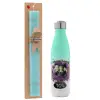Easter Set, Metallic green/white thermos (Stainless steel), double-walled, 500ml & scented flat Easter candle (30cm) (TURQUOISE)