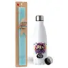 Easter Set, metallic stainless steel water bottle (750ml) & aromatic flat Easter candle (30cm) (TURQUOISE)