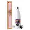 Easter Set, metallic stainless steel water bottle (750ml) & scented flat Easter candle (30cm) (PINK)