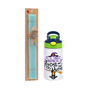 It's just a bunch of hocus pocus - halloween, Easter Set, Children's thermal stainless steel bottle with safety straw, green/blue (350ml) & aromatic flat Easter candle (30cm) (TURQUOISE)