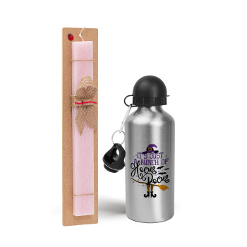 It's just a bunch of hocus pocus - halloween, Easter Set, metallic Silver aluminum water bottle (500ml) & scented flat Easter candle (30cm) (PINK)