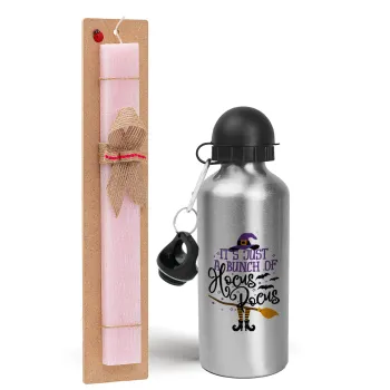 It's just a bunch of hocus pocus - halloween, Easter Set, metallic Silver aluminum water bottle (500ml) & scented flat Easter candle (30cm) (PINK)