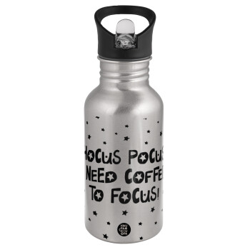 Hocus pocus i need coffee to focus - halloween, Water bottle Silver with straw, stainless steel 500ml