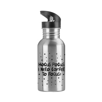 Hocus pocus i need coffee to focus - halloween, Water bottle Silver with straw, stainless steel 600ml
