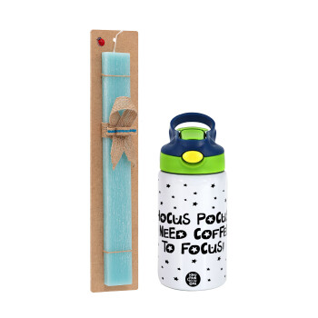 Hocus pocus i need coffee to focus - halloween, Easter Set, Children's thermal stainless steel bottle with safety straw, green/blue (350ml) & aromatic flat Easter candle (30cm) (TURQUOISE)