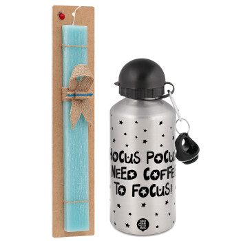 Hocus pocus i need coffee to focus - halloween, Easter Set, metallic silver aluminum water bottle (500ml) & scented flat Easter candle (30cm) (TURQUOISE)