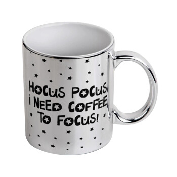 Hocus pocus i need coffee to focus - halloween, Κούπα κεραμική, ασημένια καθρέπτης, 330ml