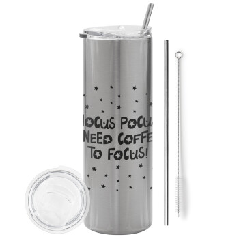 Hocus pocus i need coffee to focus - halloween, Eco friendly stainless steel Silver tumbler 600ml, with metal straw & cleaning brush