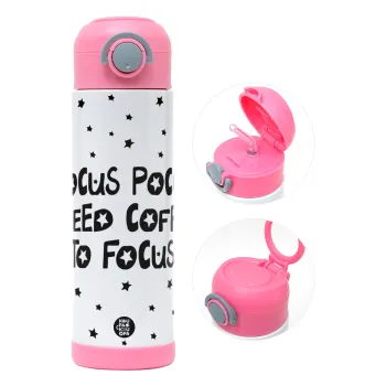 Hocus pocus i need coffee to focus - halloween, Παιδικό παγούρι θερμό, ανοξείδωτο, με καλαμάκι ασφαλείας, ΡΟΖ (500ml)