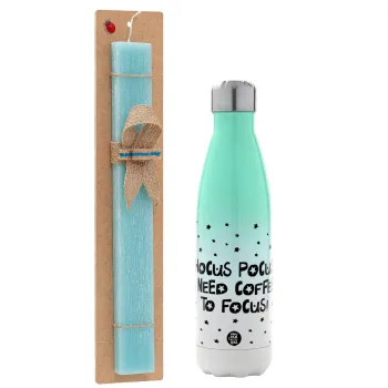 Hocus pocus i need coffee to focus - halloween, Easter Set, Metallic green/white thermos (Stainless steel), double-walled, 500ml & scented flat Easter candle (30cm) (TURQUOISE)