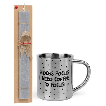 Hocus pocus i need coffee to focus - halloween, Easter Set, metallic thermal cup (300ml) & Easter aromatic flat candle (30cm) (GRAY)