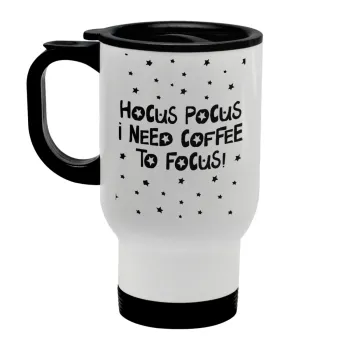 Hocus pocus i need coffee to focus - halloween, Stainless steel travel mug with lid, double wall white 450ml