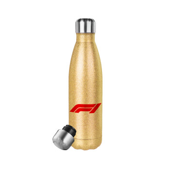 Formula 1, Μεταλλικό παγούρι θερμός Glitter χρυσό (Stainless steel), διπλού τοιχώματος, 500ml