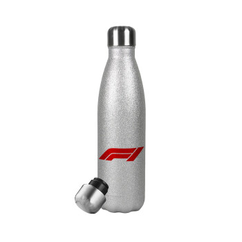 Formula 1, Metallic Glitter Silver Thermos Flask (Stainless steel), double-walled, 500ml