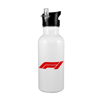 Formula 1, White water bottle with straw, stainless steel 600ml
