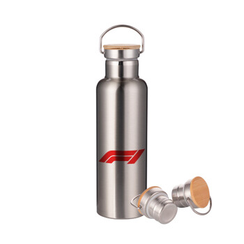 Formula 1, Stainless steel Silver with wooden lid (bamboo), double wall, 750ml