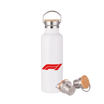 Formula 1, Μεταλλικό παγούρι θερμός (Stainless steel) Λευκό με ξύλινο καπακι (bamboo), διπλού τοιχώματος, 750ml