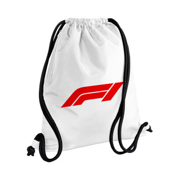 Formula 1, Τσάντα πλάτης πουγκί GYMBAG λευκή, με τσέπη (40x48cm) & χονδρά κορδόνια
