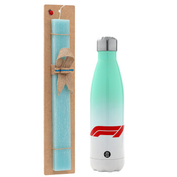 Formula 1, Easter Set, Metallic green/white thermos (Stainless steel), double-walled, 500ml & scented flat Easter candle (30cm) (TURQUOISE)