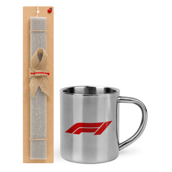 Formula 1, Easter Set, metallic thermal cup (300ml) & Easter aromatic flat candle (30cm) (GRAY)