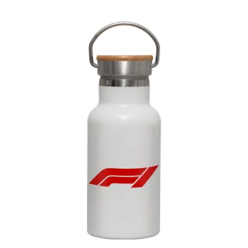 Formula 1, Metallic thermos (Stainless steel) White with wooden lid (bamboo), double-walled, 350ml