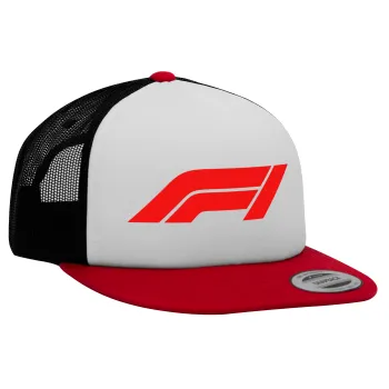 Formula 1, Adult Foam Flat Snapback with Mesh Red-White-Black (POLYESTER, ADULT, UNISEX, ONE SIZE)