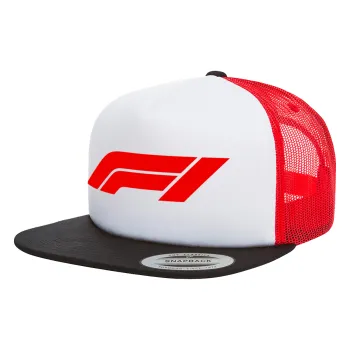 Formula 1, Adult Foam Flat Snapback with Mesh Black-White-Red (POLYESTER, ADULT, UNISEX, ONE SIZE)