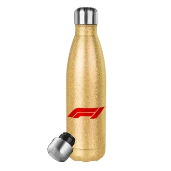 Formula 1, Glitter gold stainless steel thermos bottle, double-walled, 500ml