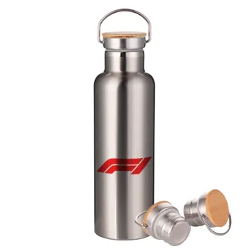 Formula 1, Stainless steel Silver with wooden lid (bamboo), double wall, 750ml
