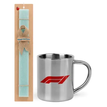 Formula 1, Easter Set, metallic thermal cup (300ml) & aromatic flat Easter candle (30cm) (TURQUOISE)