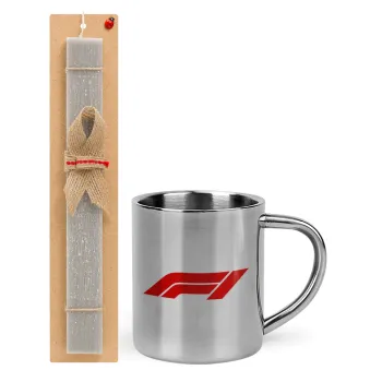 Formula 1, Easter Set, metallic thermal cup (300ml) & Easter aromatic flat candle (30cm) (GRAY)