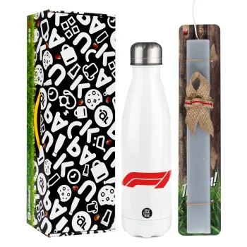 Formula 1, Easter candle, metallic white thermos bottle (500ml) & aromatic flat candle (30cm) (GRAY)