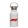 Metallic thermos (Stainless steel) White with wooden lid (bamboo), double-walled, 350ml