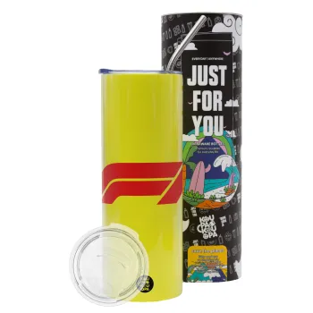 Formula 1, Neon Yellow Travel Tumbler θερμό, μεταλλικό καλαμάκι(Ανωξείδωτο 304 Food grade, BPA free, 600ml)