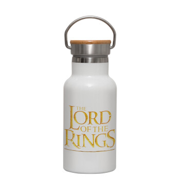 The Lord of the Rings, Μεταλλικό παγούρι θερμός (Stainless steel) Λευκό με ξύλινο καπακι (bamboo), διπλού τοιχώματος, 350ml