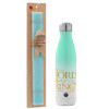 Easter Set, Metallic green/white thermos (Stainless steel), double-walled, 500ml & scented flat Easter candle (30cm) (TURQUOISE)