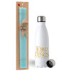 Easter Set, metallic stainless steel water bottle (750ml) & aromatic flat Easter candle (30cm) (TURQUOISE)