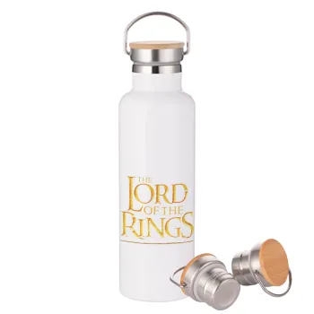 The Lord of the Rings, Μεταλλικό παγούρι θερμός (Stainless steel) Λευκό με ξύλινο καπάκι (bamboo), διπλού τοιχώματος, 750ml