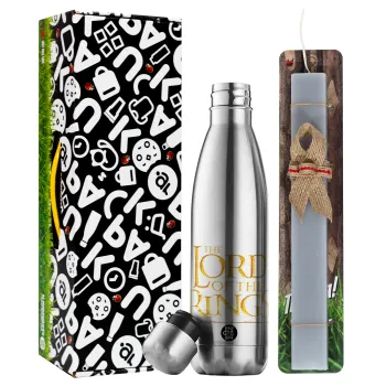 The Lord of the Rings, Easter Set, metallic stainless thermos flask (500ml) & scented flat Easter candle (30cm) (GRAY)