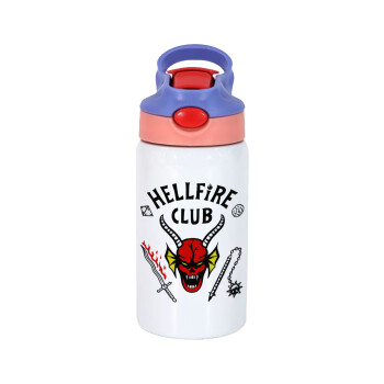 Hellfire CLub, Stranger Things, Children's hot water bottle, stainless steel, with safety straw, pink/purple (350ml)
