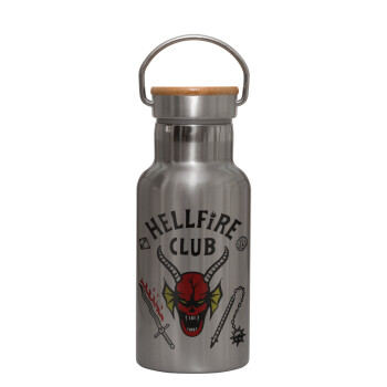 Hellfire CLub, Stranger Things, Μεταλλικό παγούρι θερμός (Stainless steel) Ασημένιο με ξύλινο καπακι (bamboo), διπλού τοιχώματος, 350ml