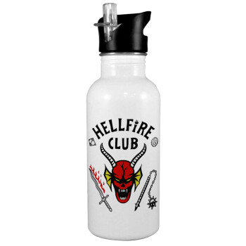 Hellfire CLub, Stranger Things, White water bottle with straw, stainless steel 600ml